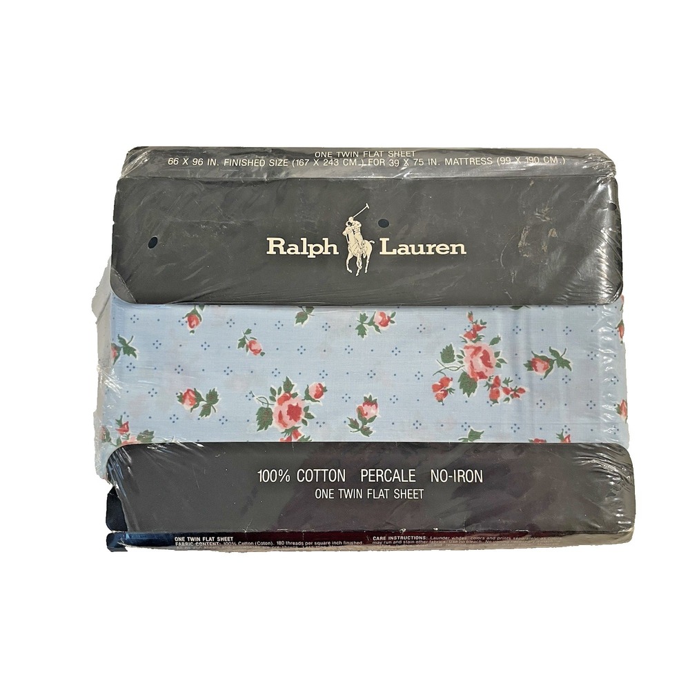 Vtg New Ralph Lauren Calico Rose Blue  TWIN Flat Sheet  Floral Cottagecore‎ NIP